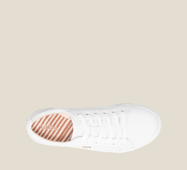 Top down Angle of Plim Soul White Canvas sneaker with laces,polyurethane removable footbed with rubber outsole 6