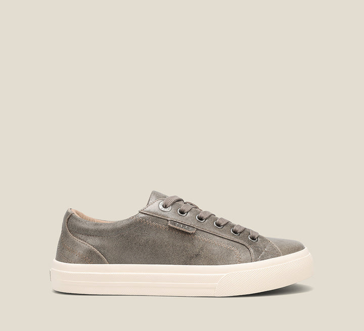 Instep of Plim Soul Lux Olive Fatigue leather sneaker featuring a polyurethane removable footbed with rubber outsole