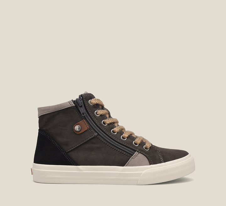 side Angle of Top Soul high top active sneaker featuring outside zipper and rubber outsole.