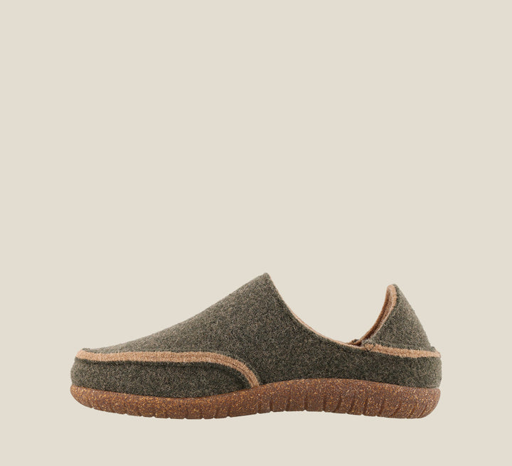 "Instep of Convertawool Olive Wool slip on with back, wool lined, featuring a removable footbed & TR outsole
 - size 36"