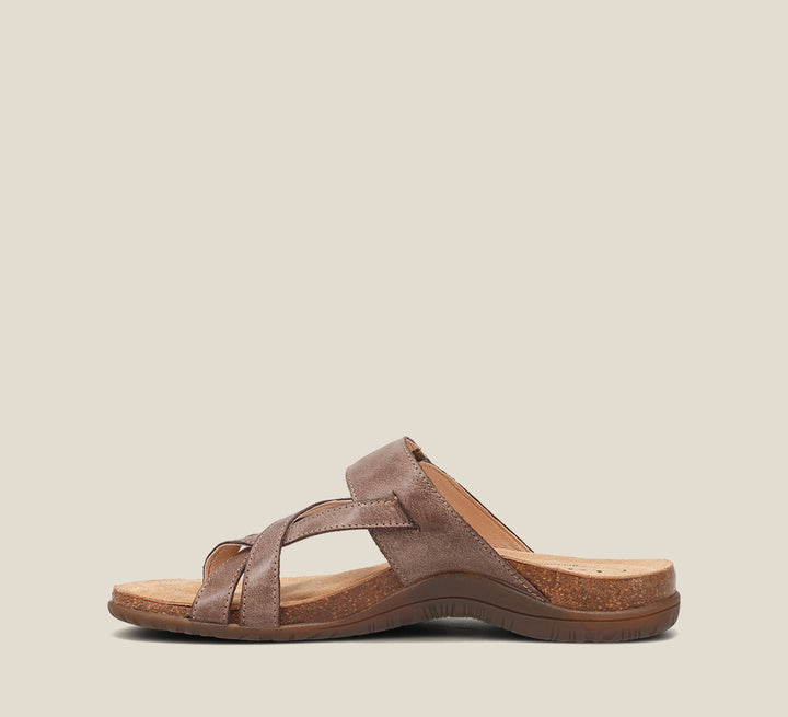 Side Angle of Perfect Espresso Slide sandal on our cork footbed featuring an adjustable strap and rubber outsole