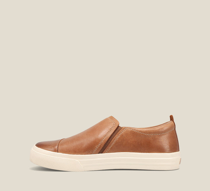 Instep of Twin Gore Lux Caramel Leather double gore slip on featuring our curves & pods removable footbed &rubber outsole 6