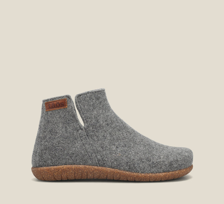 Outside Angle of Good Wool Grey Short wool pull on bootie, wool lined, with a removable footbed &TR outsole 36