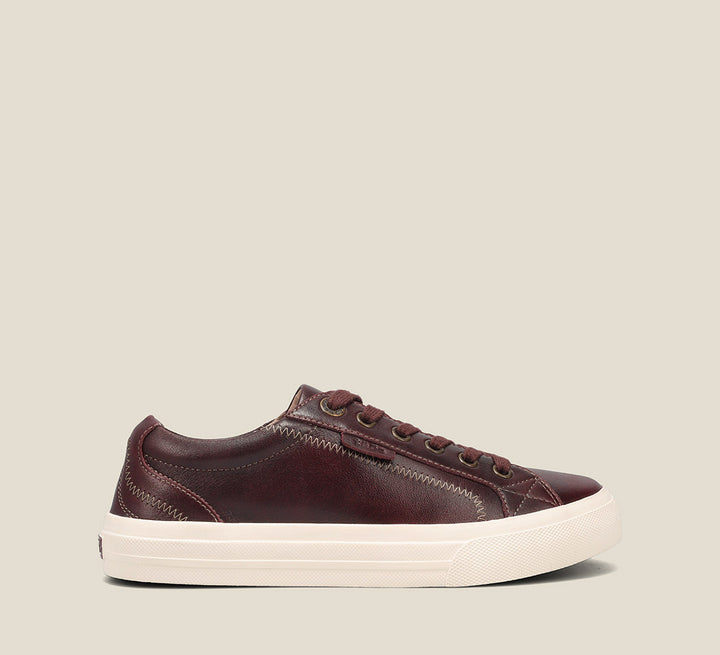 Instep of Plim Soul Lux Merlot leather sneaker featuring a polyurethane removable footbed with rubber outsole