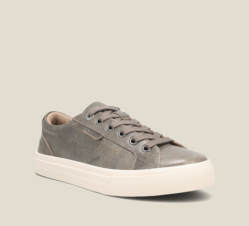Hero image of Plim Soul Lux Olive Fatigue leather sneaker featuring a polyurethane removable footbed with rubber outsole