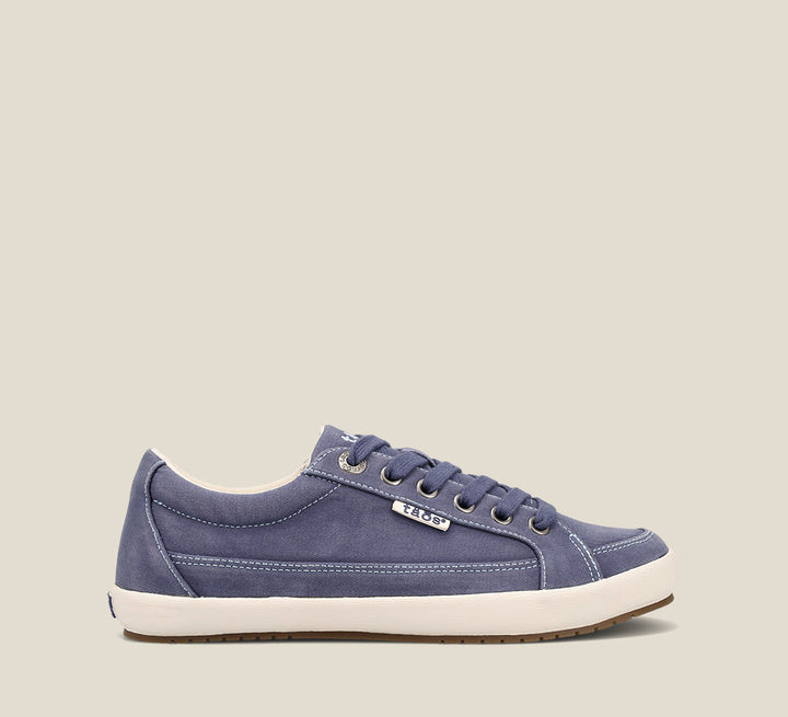 "Side image of Moc Star 2 Indigo Distressed Canvas sneaker with laces, Curves & PodsÂ® polyurethane removable footbed with Soft Supportâ„¢, and durable, flexible rubber outsole."