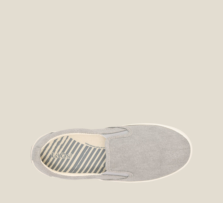Top down Angle of Dandy Grey Wash Canvas Flexible slip-on shoe with a polyurethane removable footbed with rubber outsole 6