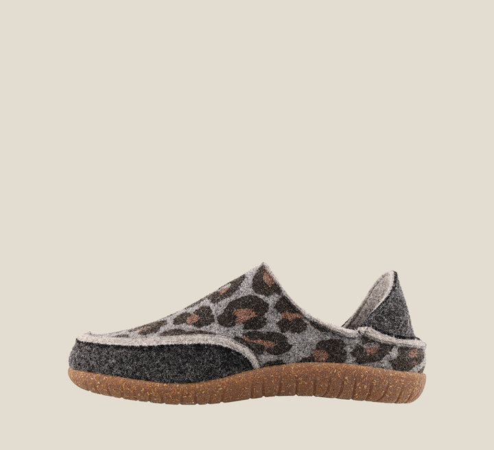 "Instep of Convertawool Charcoal Leopard Wool Wool slip on with back, wool lined, featuring a removable footbed & TR outsole
 - size 36"