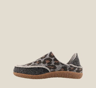 Load image into Gallery viewer, &quot;Instep of Convertawool Charcoal Leopard Wool Wool slip on with back, wool lined, featuring a removable footbed &amp; TR outsole - size 36&quot;
