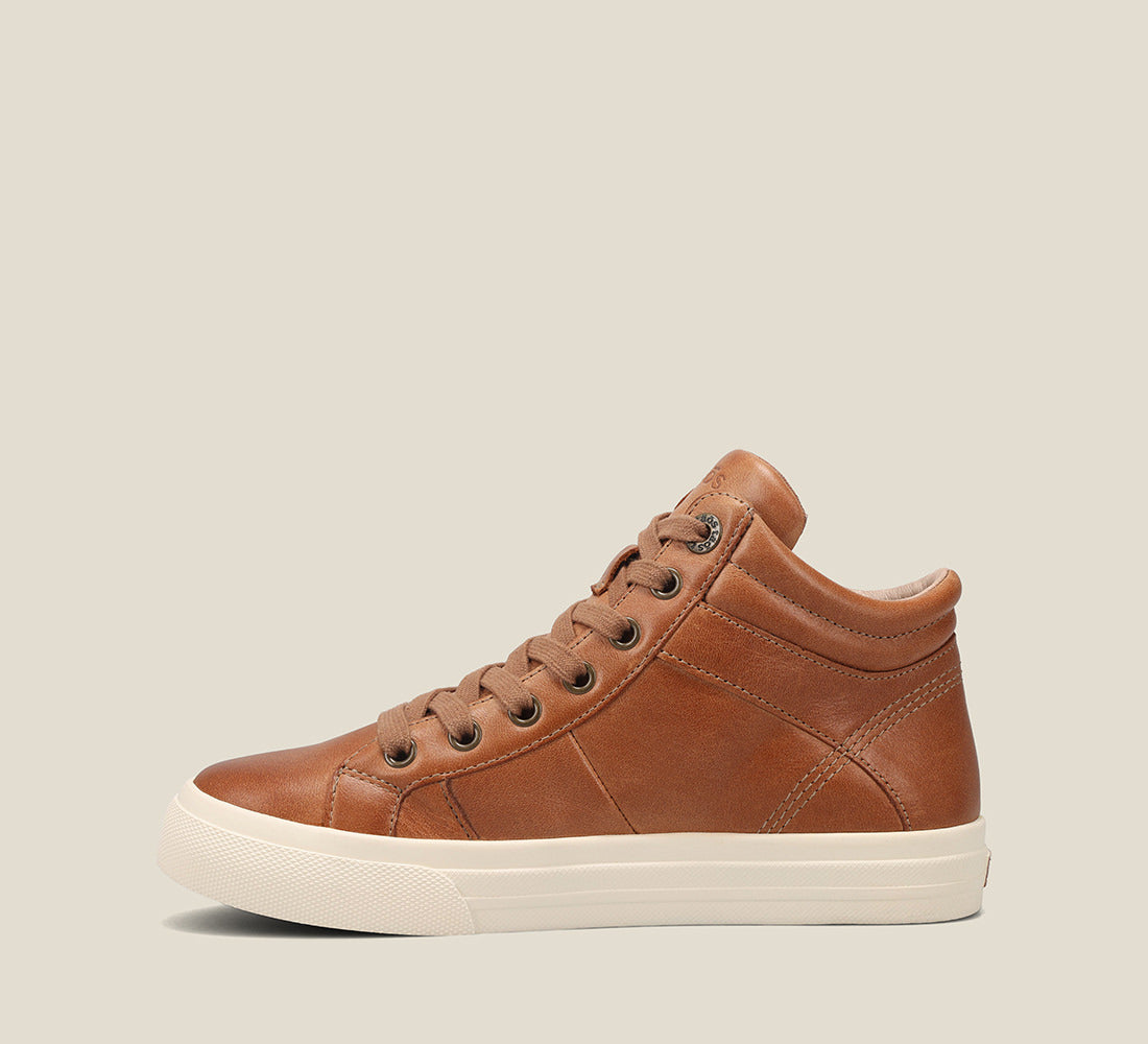 Instep of Winner Caramel High top leather lace-up sneaker with an  removable footbed, featuring lace up adjustability & an outside zipper. 6