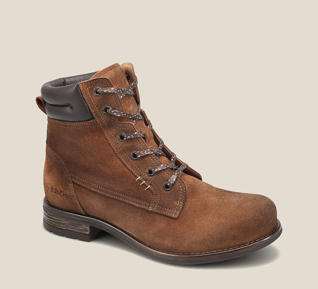 Hero image of Cove brown suede lace up boot with wool padded collars detailed stitching and and premium TR outsole