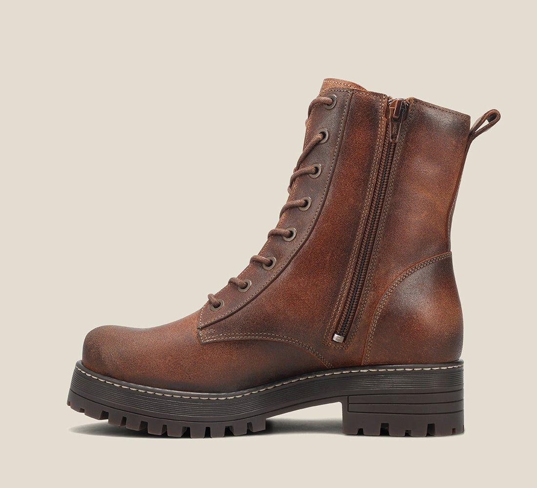 Outsole image of Groupie Cognac Rugged boot with removable outsoles & an inside zipper lace-up adjustability.