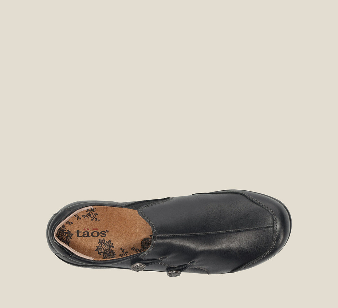 Top down image of Blend Black Casual leather step-in shoe with medial gore & bungie closures & a removable footbed.