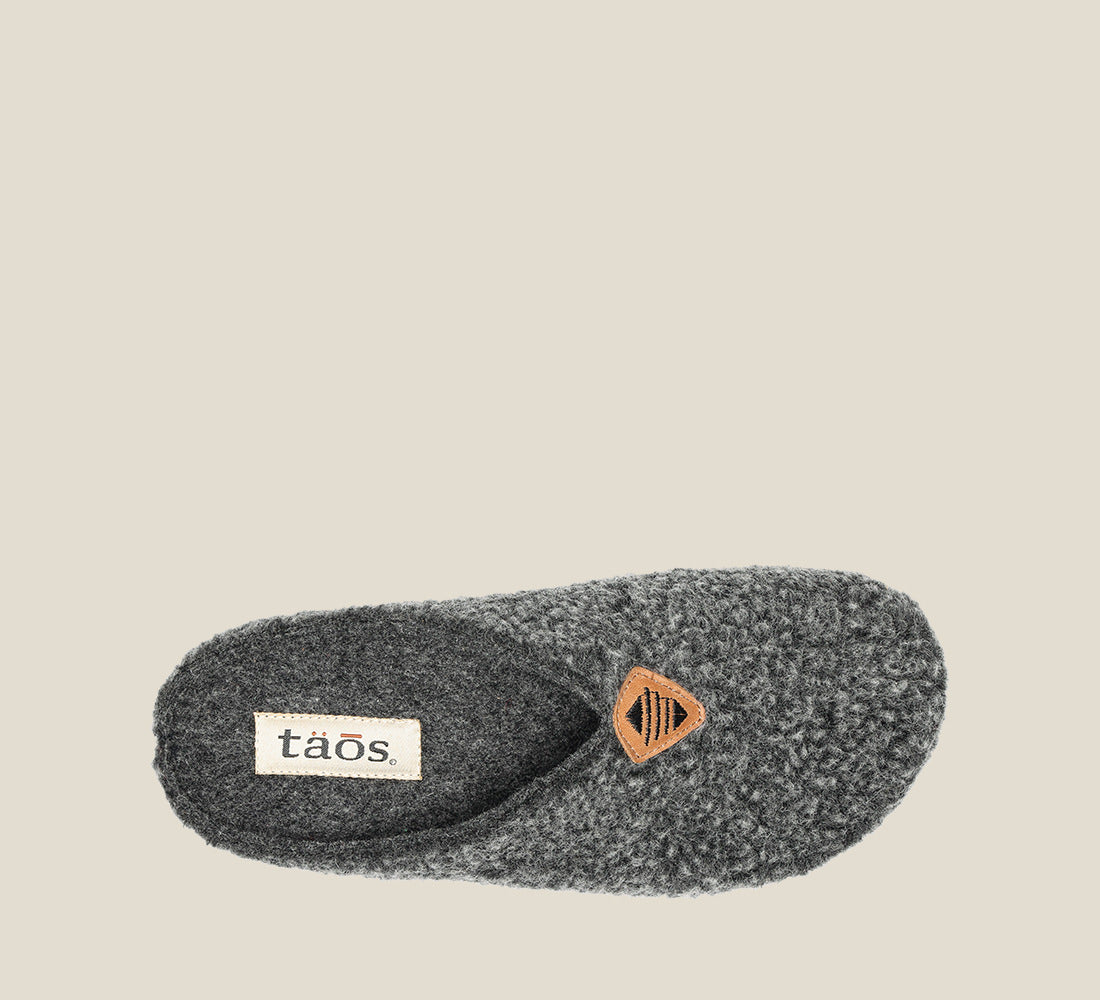 "Top image of My Sweet Wool Charcoal Plush clog with featuring a removable footbed with arch & metatarsal support, & TR outsole."