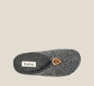 Load image into Gallery viewer, &quot;Top image of My Sweet Wool Charcoal Plush clog with featuring a removable footbed with arch &amp; metatarsal support, &amp; TR outsole.&quot;
