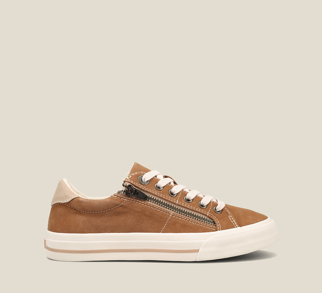 Outside Angle of Z Soul Golden Tan/Tan Distressed Canvas lace up sneaker featuring an outside zipper,polyurethane removable footbed with rubber outsole 6