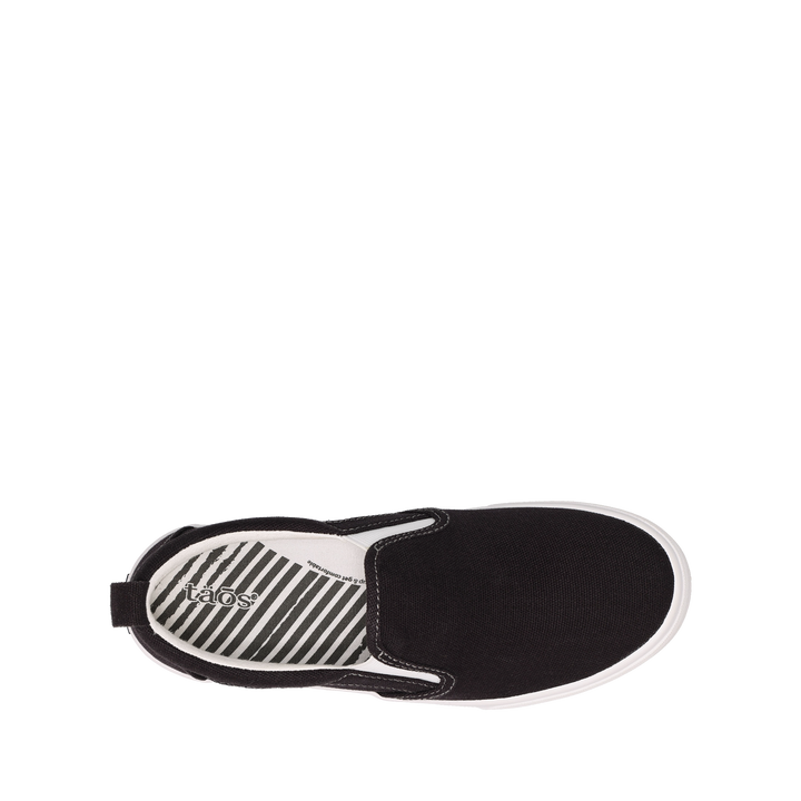 Top down image of Taos Footwear Rubber Soul Black/White Canvas Size 6