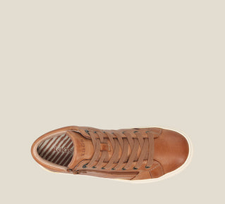 Load image into Gallery viewer, Top down Angle of Winner Caramel High top leather lace-up sneaker with an  removable footbed, featuring lace up adjustability &amp; an Top down zipper. 6

