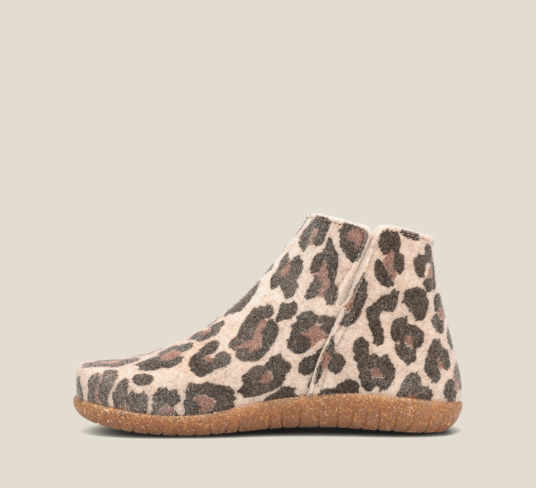 "Side image of Good Wool Stone Leopard Wool, wool pull on bootie, wool lined, with a removable footbed &TR outsole"