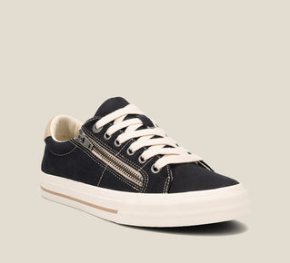 Load image into Gallery viewer, &quot;Hero image of Z Soul Black/Tan Distressed Canvas lace up sneaker featuring an outside zipper, Curves &amp; PodsÂ® polyurethane removable footbed with Soft Supportâ„¢, and durable, flexible rubber outsole. - size 6&quot;
