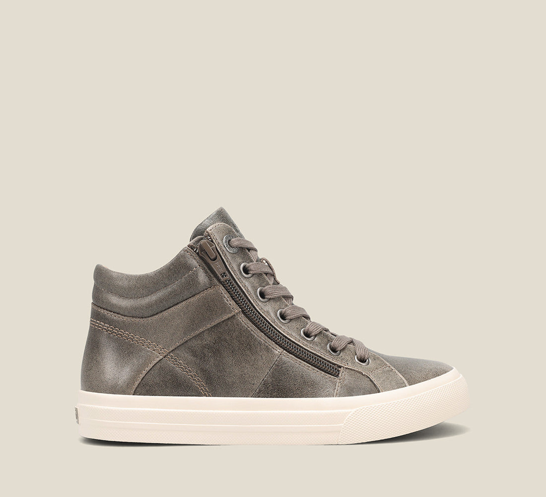 Instep image of Winner Olive Fatigue High top leather sneaker featuring lace up adjustability & an outside zipper and removable footbed with rubber outsole