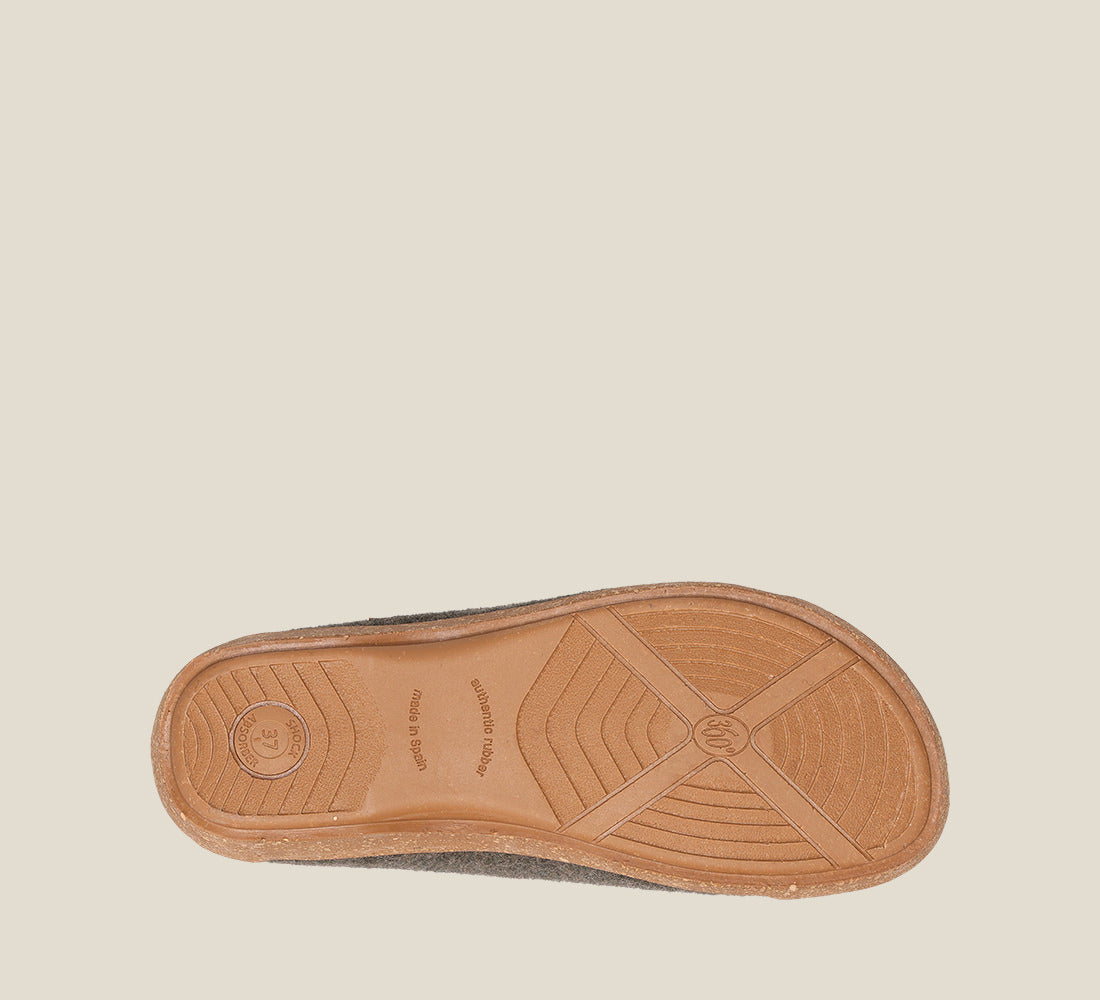 Outsole Angle of Woollery Olive Two-tone wool slip on clog with cork detail, a footbed, & rubber outsole 36
