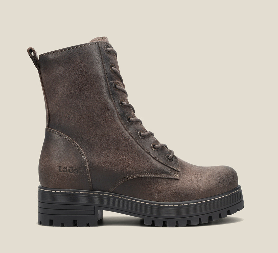 Instep image of Groupie Smoke Rugged boot with removable outsoles & an inside zipper lace-up adjustability.