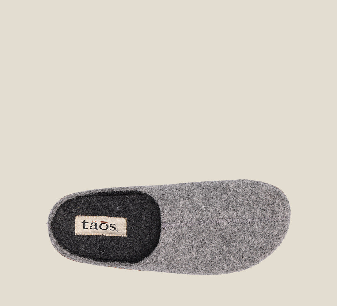 Top down Angle of Woollery Grey Two-tone wool slip on clog with cork detail, a footbed, & rubber outsole 36