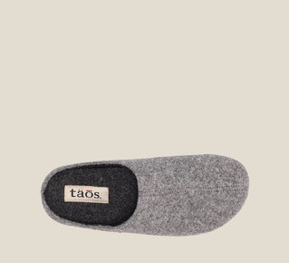 Load image into Gallery viewer, Top down Angle of Woollery Grey Two-tone wool slip on clog with cork detail, a footbed, &amp; rubber outsole 36
