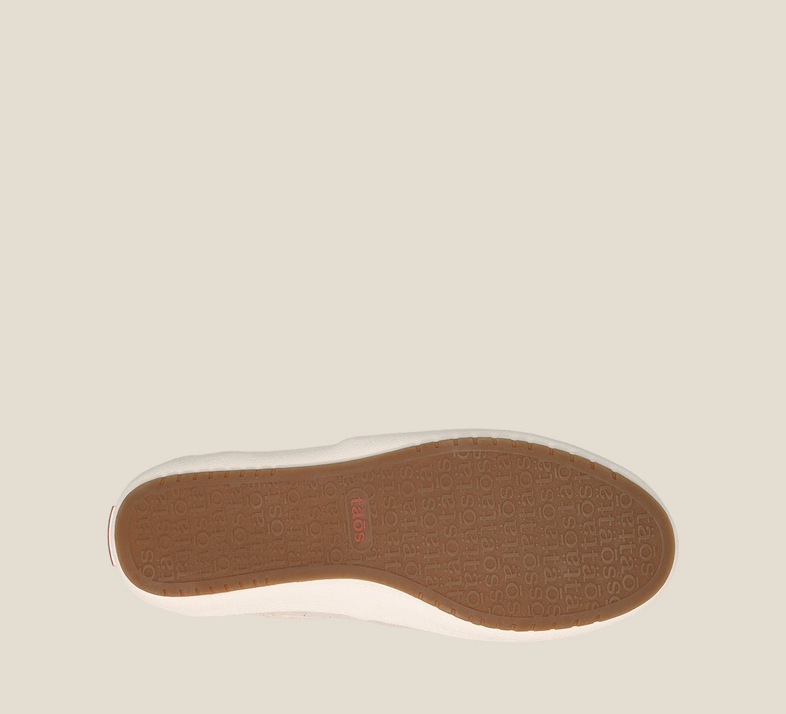 Outsole image of Dandy Natural Hemp slip on sneaker featuring hemp upper material and removable footbed with rubber outsole.