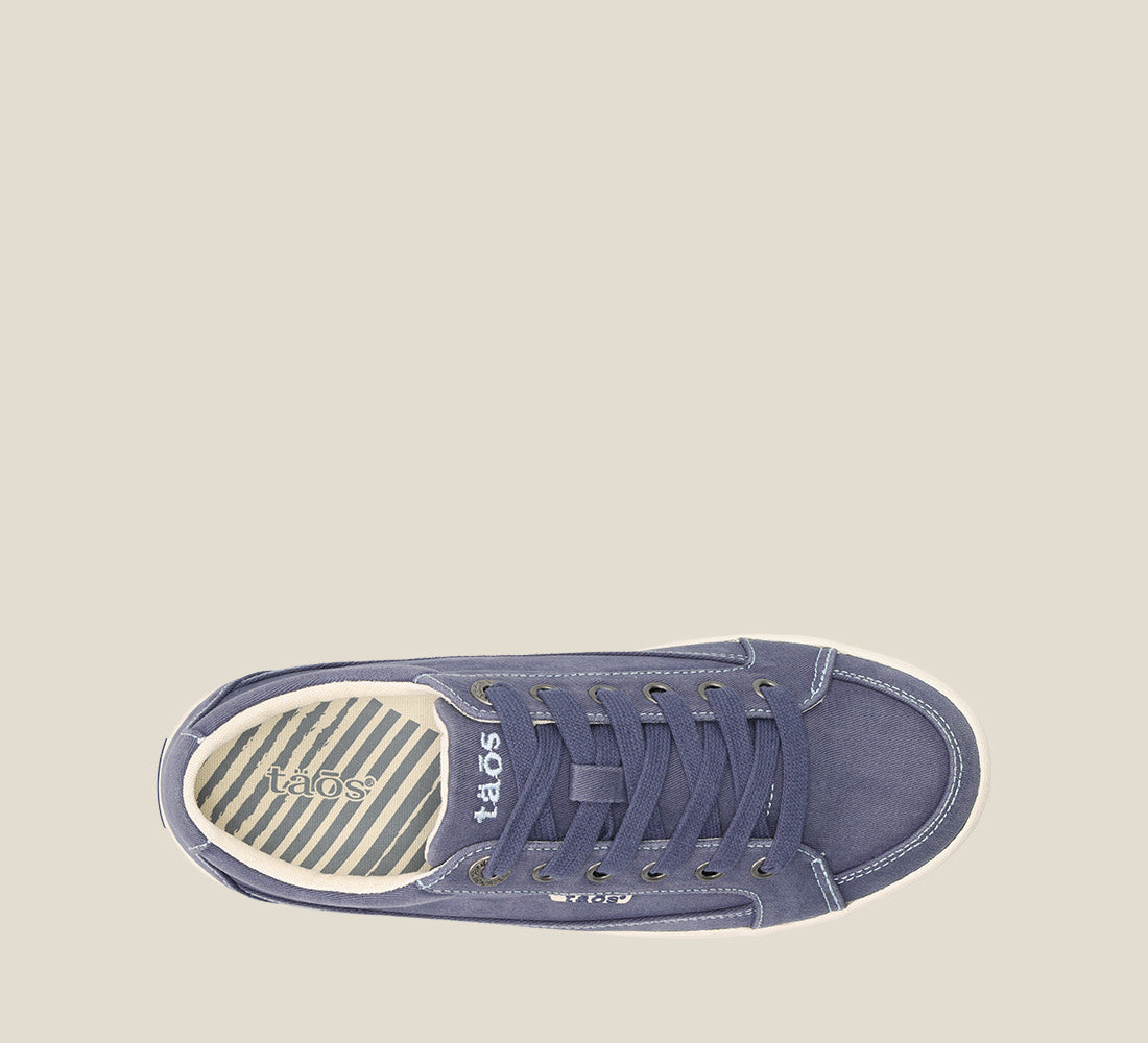 "Top image of Moc Star 2 Indigo Distressed Canvas sneaker with laces, Curves & PodsÂ® polyurethane removable footbed with Soft Supportâ„¢, and durable, flexible rubber outsole."