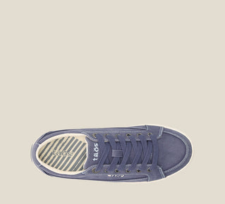 Load image into Gallery viewer, &quot;Top image of Moc Star 2 Indigo Distressed Canvas sneaker with laces, Curves &amp; PodsÂ® polyurethane removable footbed with Soft Supportâ„¢, and durable, flexible rubber outsole.&quot;
