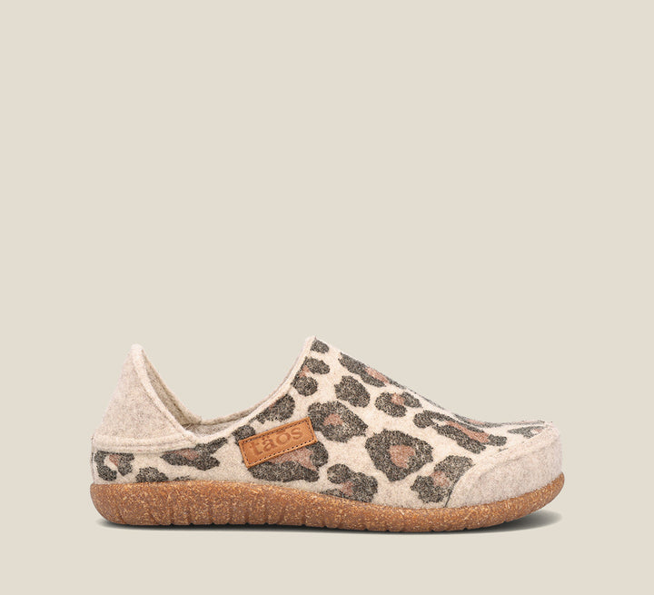 "Side image of Convertawool Stone Leopard Wool Wool slip on with back, wool lined, featuring a removable footbed & TR outsole"