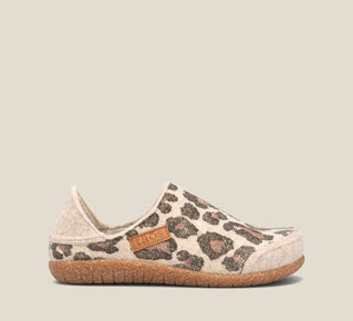 Load image into Gallery viewer, &quot;Side image of Convertawool Stone Leopard Wool Wool slip on with back, wool lined, featuring a removable footbed &amp; TR outsole&quot;
