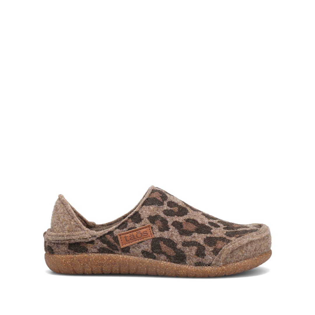 Side angle image of Taos Footwear Convertawool Tan Leopard Wool Size 36