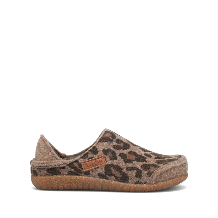 Side angle image of Taos Footwear Convertawool Tan Leopard Wool Size 36