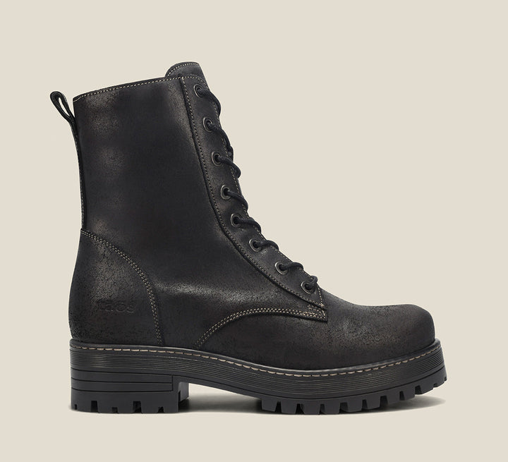 Instep image of Groupie Black Rugged boot with removable outsoles & an inside zipper lace-up adjustability.