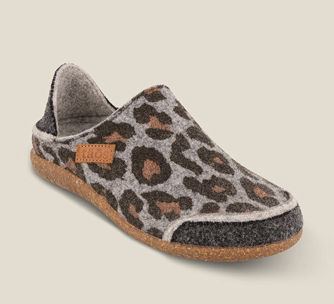 "Hero image of Convertawool Charcoal Leopard Wool Wool slip on with back, wool lined, featuring a removable footbed & TR outsole - size 36"