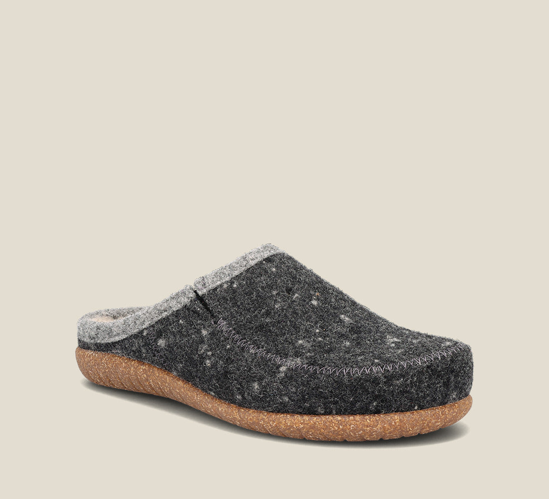 "Hero image of Woollery Charcoal Two-tone wool slip on clog with cork detail