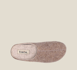 Load image into Gallery viewer, &quot;Top down Angle of Woollery Warm Sand Two-tone wool slip on clog with cork detail, a footbed, &amp; rubber outsole 36&quot;
