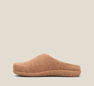 Load image into Gallery viewer, &quot;Side image of My Sweet Wool New Tan Wool clog with featuring a removable footbed with arch &amp; metatarsal support, &amp; TR outsole.&quot;
