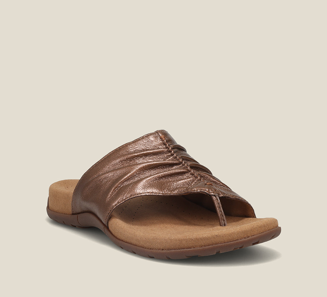 3/4 Angle of Gift 2 Bronze leather slide on sandal with soft leather upper material - size 6