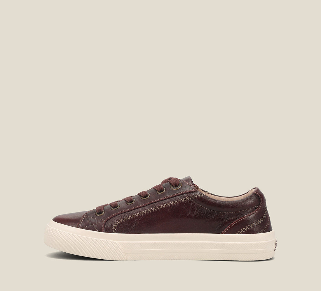Outside Angle of Plim Soul Lux Merlot leather sneaker featuring a polyurethane removable footbed with rubber outsole