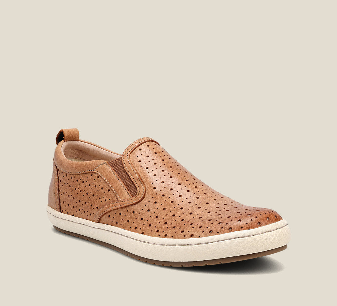 Hero image of Court Caramel slip on sneaker with perforations and rubber outsole.