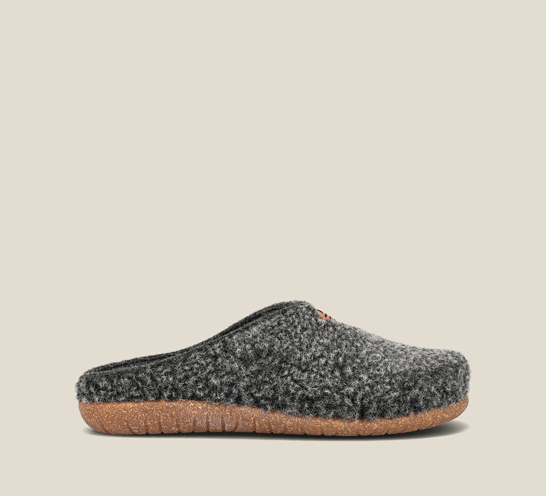 "Side image of My Sweet Wool Charcoal Plush clog with featuring a removable footbed with arch & metatarsal support, & TR outsole."