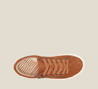 Load image into Gallery viewer, Top down image of Z Soul Amber Brown Nubuck canvas lace up sneaker featuring an outside curves &amp; pods removable footbed &amp; rubber outsole
