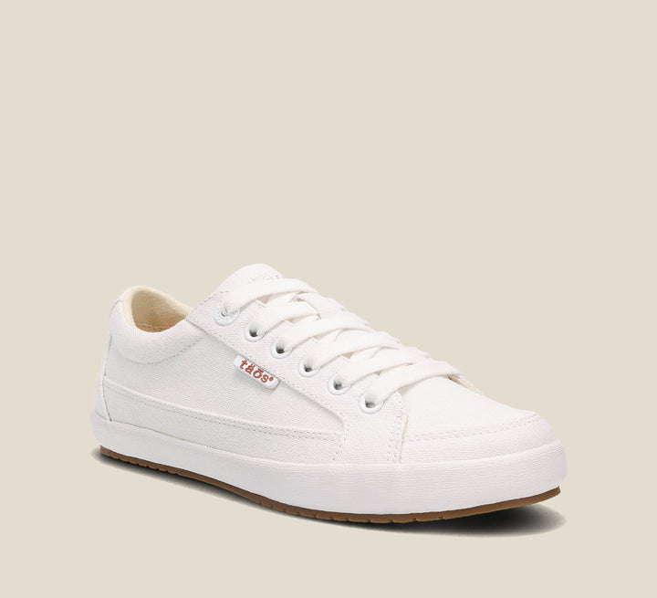 "Hero image of Moc Star 2 White Canvas sneaker with laces, Curves & PodsÂ® polyurethane removable footbed with Soft Supportâ„¢, and durable, flexible rubber outsole."