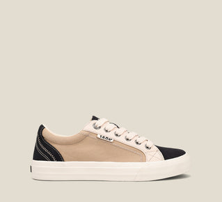 Load image into Gallery viewer, Instep image of Plim Soul Black Tan Multi Canvas lace up sneaker with removeable footbed.
