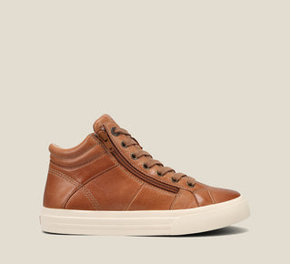 Load image into Gallery viewer, Outside Angle of Winner Caramel High top leather lace-up sneaker with an  removable footbed, featuring lace up adjustability &amp; an outside zipper. 6
