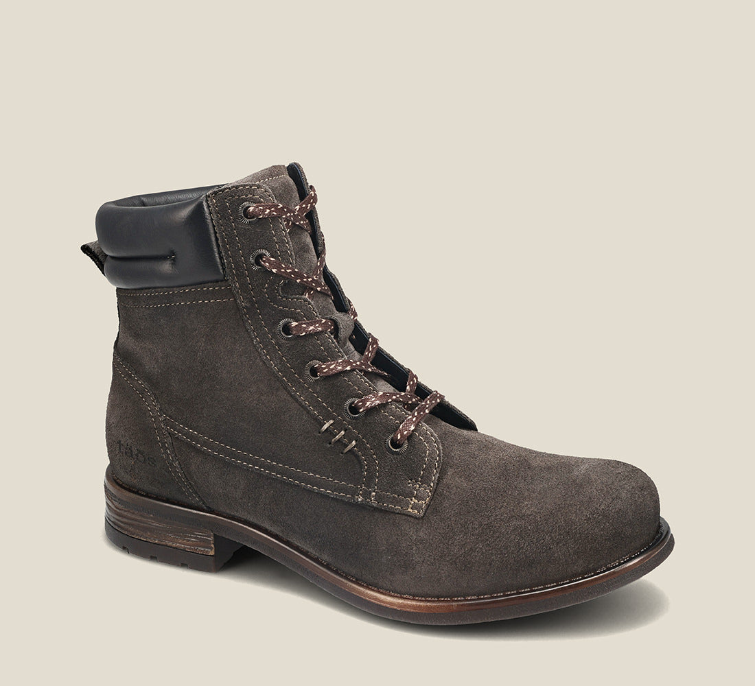 Hero image of Cove charcoal suede lace up boot with wool padded collars detailed stitching and and premium TR outsole